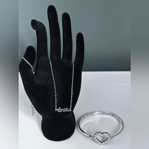 Silver Tone Heart Tension Bracelet and “love” Necklace